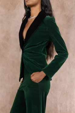 The Elegant Evergreen - Green Velvet Womens Velvet Blazer