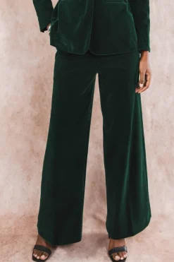 The Elegant Evergreen - Green Velvet Wide Leg Velvet Pants