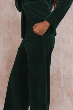The Elegant Evergreen - Green Velvet Wide Leg Velvet Pants