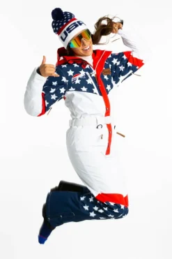 The First Chair - Retro American Flag Women's One Piece Ski Suit