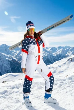 The First Chair - Retro American Flag Women's One Piece Ski Suit