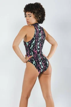 The Funky Fresh - Neon Tribal Print Zip Up One Piece Swimsuit