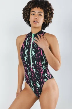 The Funky Fresh - Neon Tribal Print Zip Up One Piece Swimsuit