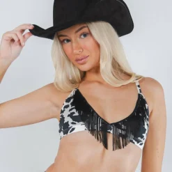 The Graze Escape - Cow Hide Fringe Triangle Bralette