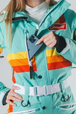 The Midday Aprés - Teal and Orange Retro Stripe Women's One Piece Ski Suit
