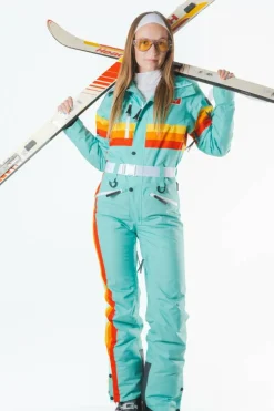 The Midday Aprés - Teal and Orange Retro Stripe Women's One Piece Ski Suit