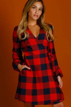 The Red & Black Lumberjack - Red Buffalo Check Christmas Wrap Dress