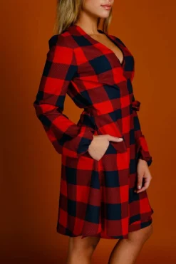 The Red & Black Lumberjack - Red Buffalo Check Christmas Wrap Dress