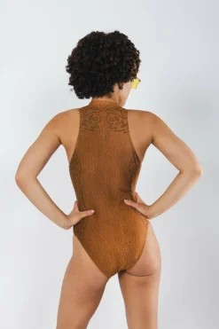 The Reverse Chaps - Western Faux Cracked Leather Zip Up One Piece Swimsuit