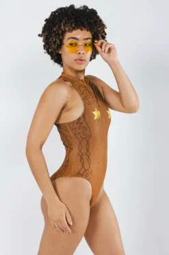 The Reverse Chaps - Western Faux Cracked Leather Zip Up One Piece Swimsuit