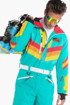 The Side Country Sender - Men's Turquoise Striped Retro Ski Suit