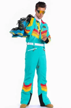 The Side Country Sender - Men's Turquoise Striped Retro Ski Suit